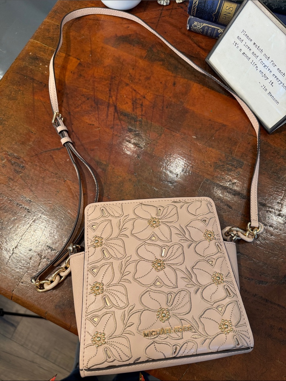 Michael Kors Blush Pink Floral Embossed Crossbody Bag with Gold Accents - Picture 9 of 14